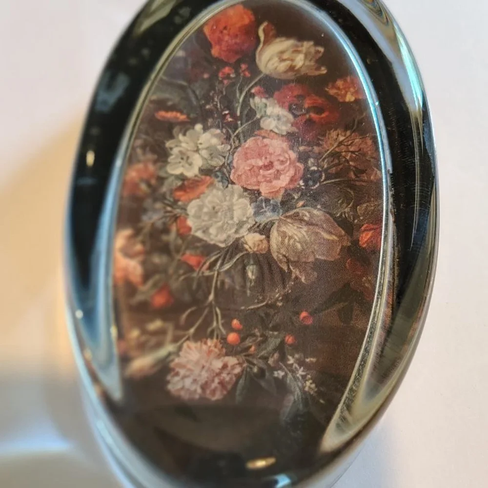 Vtg Italian Oval Floral Paper Weight Romantic Dark Moody Black Pink Felt Bottom